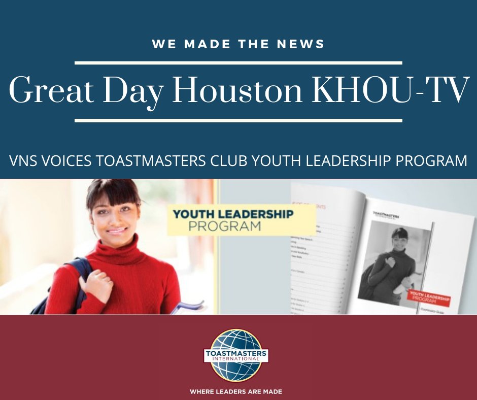 🎉 We made the news! We are taping a segment for Great Day Houston on KHOU-TV today. 
🎤We will talk about the FREE Youth Leadership Program sponsored by VNS Voices Toastmasters Club starting in September. Register  us06web.zoom.us/.../tZcuceGvqD…... #leaguecity #toastmasters #houston