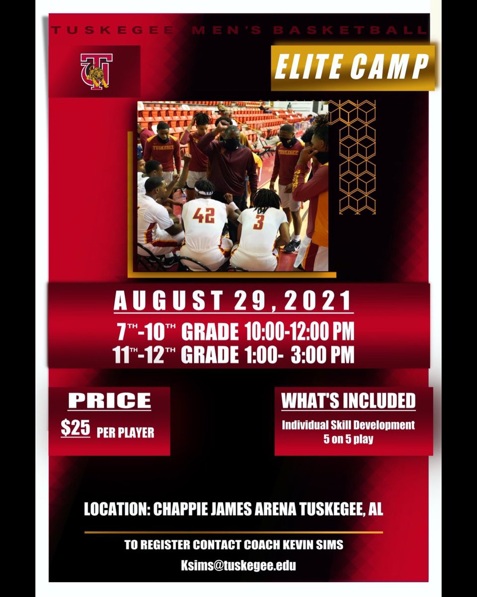Want to be a future Golden Tiger? Come showcase your talents at our 2021 Men’s Basketball Elite Camp. 

Get signed up today!!

Link to register: docs.google.com/forms/d/e/1FAI…

For more information please contact Coach Kevin Sims
