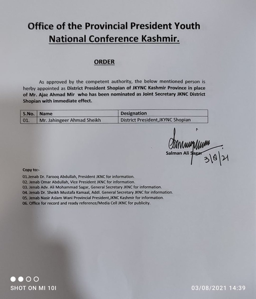 SAS_OFFICAL's tweet photo. Congratulations to Mr. Jahingeer Ahmed Sheikh for being appointed as district president JKYNC for shopian. Best wishes for his new assignment. https://t.co/nDPwVPUTfE