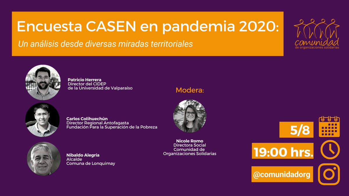 TechSoupChile's tweet image. Este 5 de Agosto @ComunidadORGs estará en vivo a las 19:00 Hrs por su cuenta de Instagram hablando de la Encuesta CASEN en pandemia 2020. ¡No te lo pierdas!
#techsoupchile #cos