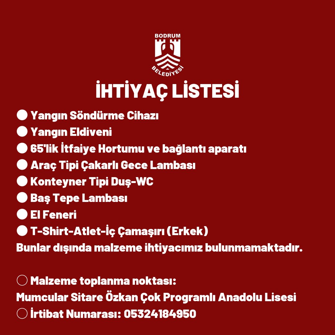 BodrumBel's tweet photo. İHTİYAÇ LİSTESİ❗

#BodrumYanıyor
#Bodrum https://t.co/p1OPOqJ6vI