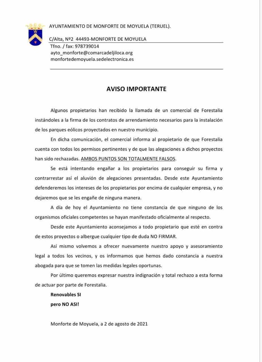 #Forestalia se pone nerviosa y miente a los propietarios de fincas intentando conseguir su firma para contrarrestar el aluvión de alegaciones presentadas. 
Juego MUY SUCIO.
Renovables SÍ, pero NO así!

paisajesteruel.org

#AragónNOseVende