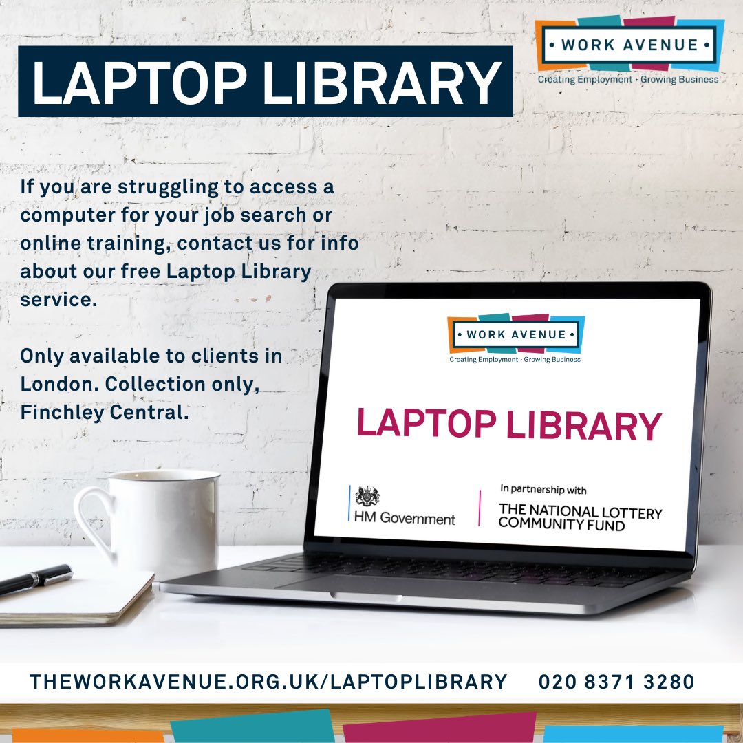 theworkavenue's tweet photo. 𝗢𝗨𝗥 𝗦𝗢𝗟𝗨𝗧𝗜𝗢𝗡
Need a computer to help you find a job, upskill or access training?
Work Avenue can lend you a laptop… free of charge!
For more information visit https://t.co/IvaMa83ZKV or give us a call on 020 8371 3280.
#Yourroutetosuccess #Laptop #Training https://t.co/19zy0wIXsl