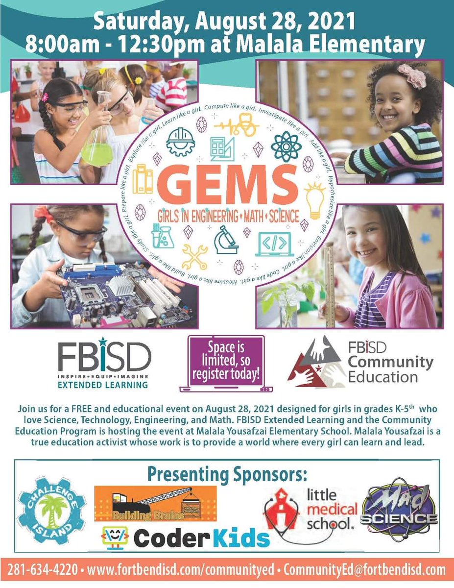 IslandKaty's tweet photo. The FBISD Extended Learning Department and the Community Education Program will be hosting a FREE event for girls in grades k-5 on 
Open to district &amp; nondistrict students! 
Registration Link: https://t.co/UhMQbw6C67
@FBISD_extlearn @FortBendISD @FBEF_FBISD https://t.co/LNBB8nTS00