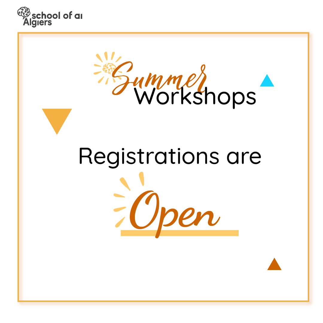 SoAIAlgiers's tweet photo. Registrations to our SOAI Algiers Summer workshops are open, now's your chance to join us on this great adventure. 🧠✨

Fill in this quick form:
https://t.co/bPLhSTkgnV
and get ready to discover some interesting concepts in AI with us. 🤩

#SchoolOfAI #summer #AI #workshop https://t.co/9k2l6jzKqZ