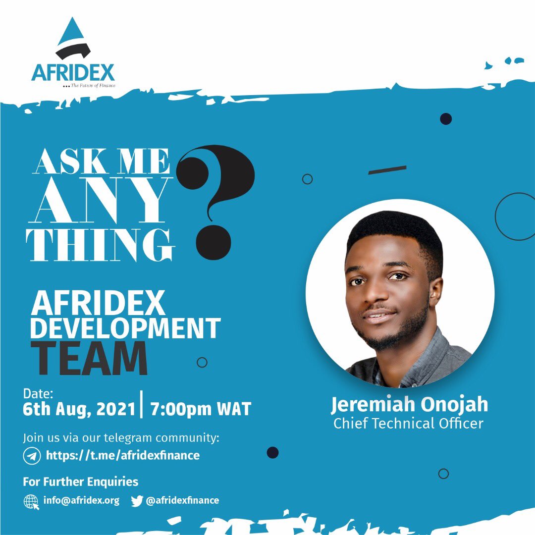 Ha_no_ny_mous's tweet photo. Our Ask Me Anything session promises to be amazing. Got questions? Don't miss this. It's going live on our Telegram Community (https://t.co/LqDZKgow7Q)

We can’t wait to have you.

#afridex #afridexico #afdt #afridexfinance #community #blockchaintechnology #cryptocurrency https://t.co/IBUd2LN53D