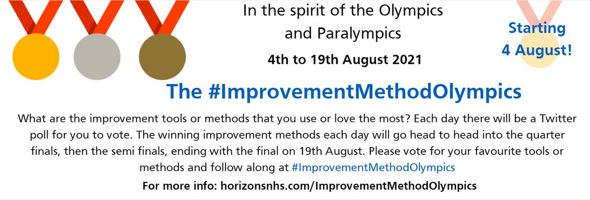 The #Improvementmethodolympics start on Twitter tomorrow, 4th August at 7am. There will be eight first round battles, quarter, semi &amp; finals. Please vote for the improvement tools &amp; methods you love/use the most. Everyone can vote. Pre-Olympic information: horizonsnhs.com/improvementmet…