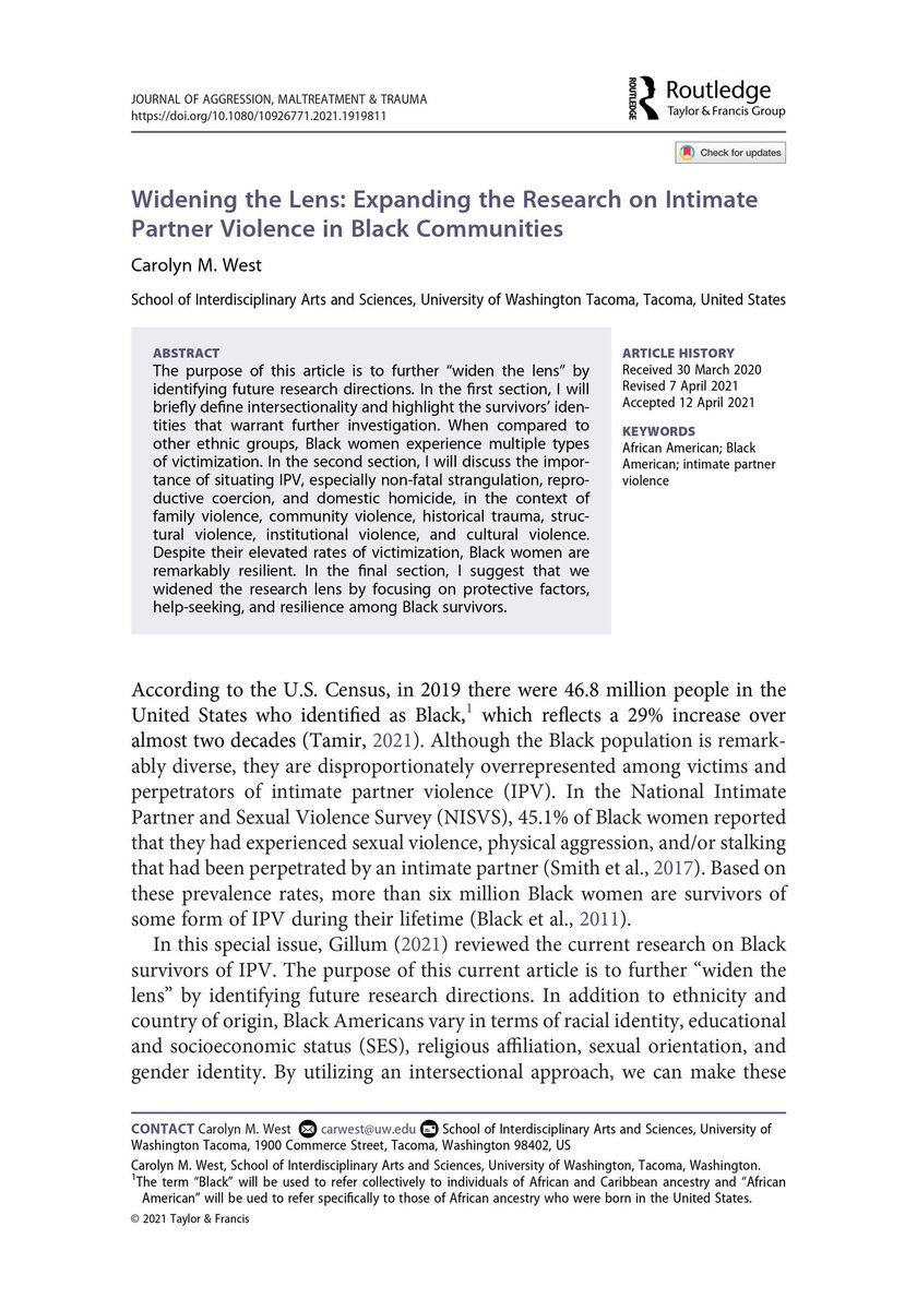 ProfBernadineW's tweet image. Reading a Carolyn West paper on #IPV in the #BlackCommunity. She discusses the need to further investigate #helpseeking among Black women survivors and cites a scholar. How about I am that scholar? 😳🙌🏾 #researchmatters #citeblackwomen #domesticviolence