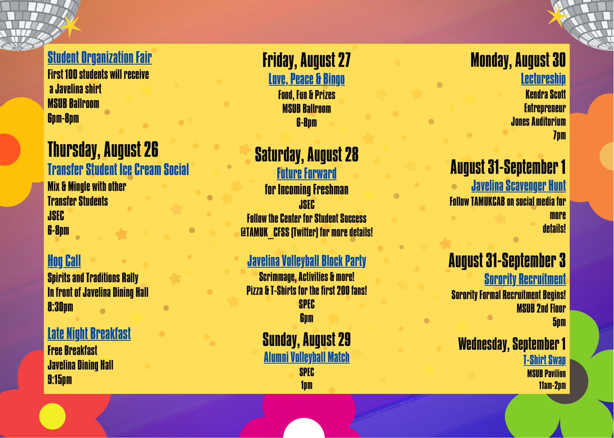 Student Activities is happy to help students get “Back in the Groove” and welcome everyone back to campus! Here are some events for our Welcome Week! 🐗