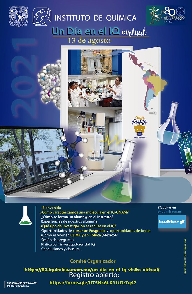 ¡Te invitamos a la visita virtual del <a href="/iquimicaunam/">Instituto de Química</a>!
El  13 de agosto de 2021, vía Zoom.
Si eres alumno de las carreras afines a la Química en América Latina te invitamos a estar "Un Día en el IQ".
Registro en línea: forms.gle/U75Hk6LX91tDzT…