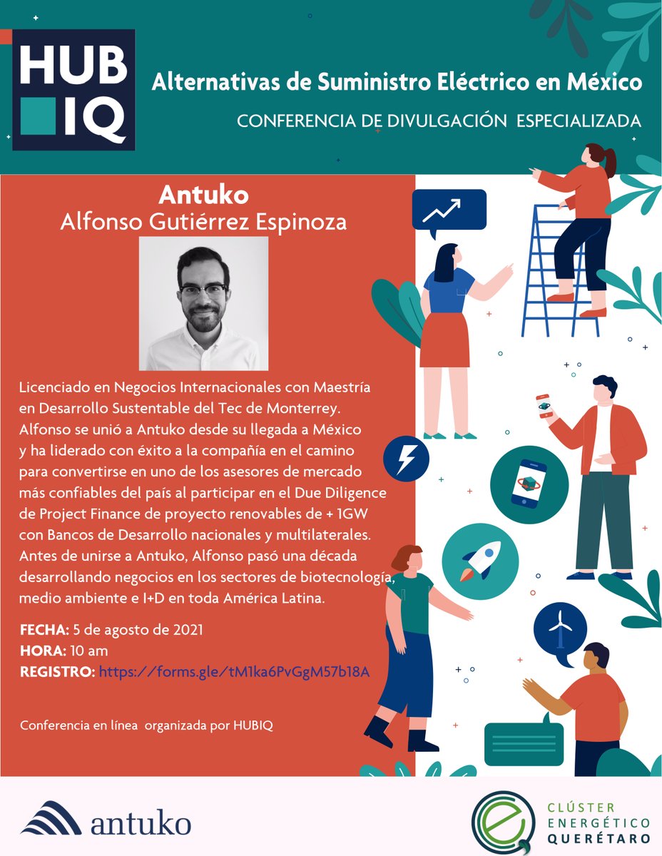 #ApartaLaFecha
📣 <a href="/hubiqro/">HUBIQ Energía e Innovación Tecnológica AC</a> les invita a la conferencia de divulgación especializada sobre el Mercado Eléctrico Mayorista impartida por Alfonso Gutiérrez de <a href="/Antuko_Mexico/">Antuko Mexico</a> experto en el sector energético y ambiental. 💡

📅 Jueves 5 de agosto, 10h
Registro: bit.ly/3ynneoR