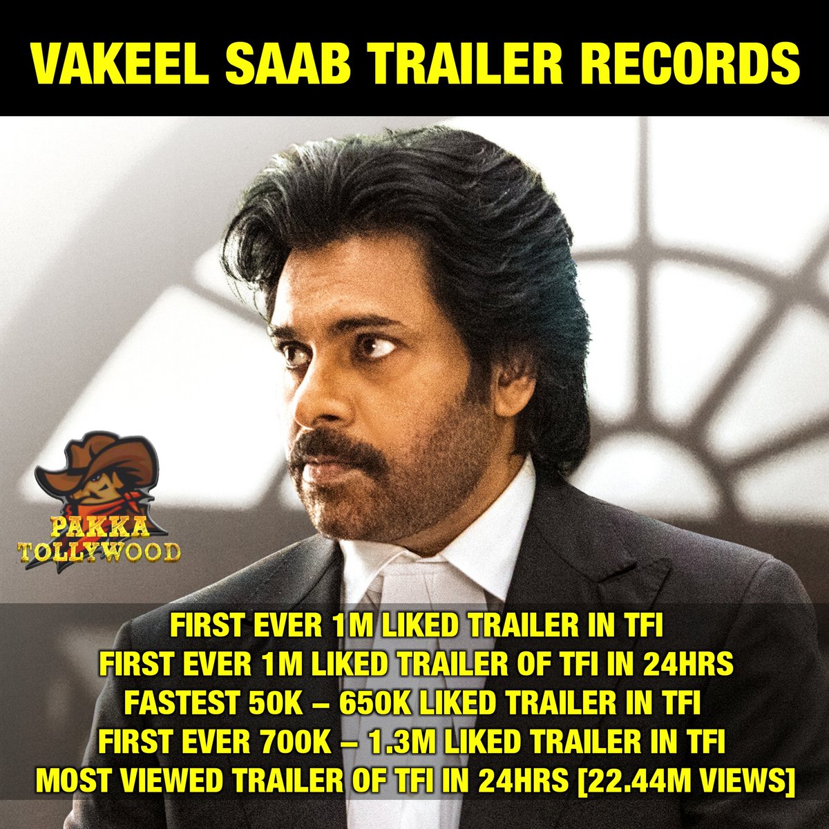 _PakkaTollywood's tweet photo. #VakeelSaab Trailer Records 

YouTube Previous Records Ani Clean Sweep Chesam 💪💪

#BheemlaNayak | @PawanKalyan https://t.co/jFsUZVGgFm