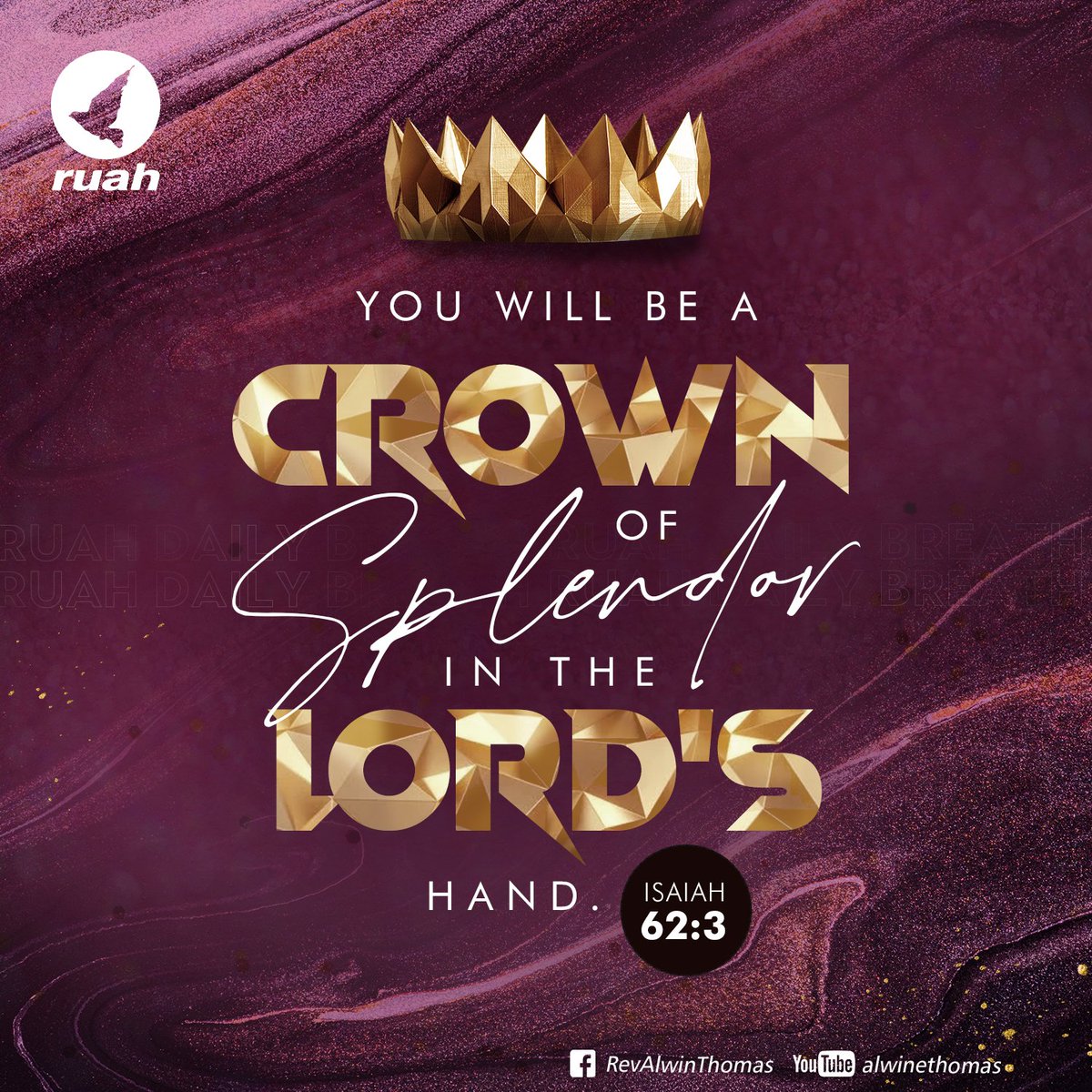 alwinthomas's tweet photo. You will be a crown of splendor in the LORD’s hand.
Isaiah 62:3
#CrownofSplendor #Lordshand #royal #kingsdaughter #kingofkings #dailybreath #ruah #ruahchurch #bibleverse #blessingword #verseoftheday #dailyword #word #churchgraphics #photoshop #typograhpy #graphicdesign https://t.co/FmrgubK27b