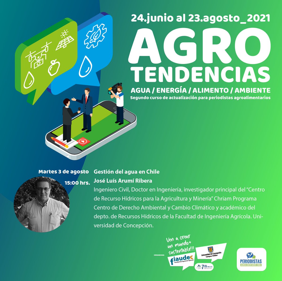 fia_udec's tweet photo. 📢 | Continuamos con "Agro tendencias" el curso de actualización para periodistas agroalimentarios. 

📅 | Hoy, desde las 15:00 hrs nos encontraremos con el Dr. en Ingeniería, José Luis Arumi, quien presentara su tema "Gestión del Agua en Chile". 

#Agua #periodistas #Chile https://t.co/CCrMRviH5c