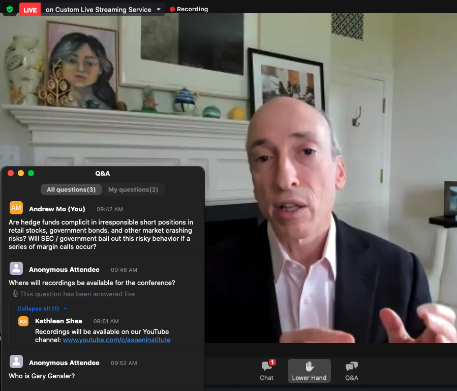 AndrewMoMoney's tweet photo. Currently in Zoom call of @AspenSecurity with @GaryGensler. Please answer my question, Gary?

"Are hedge funds complicit in irresponsible short positions in government bonds? Will SEC / government bail out this risky behavior if a series of margin calls occur?" #AMC https://t.co/zSCXRrB4LL
