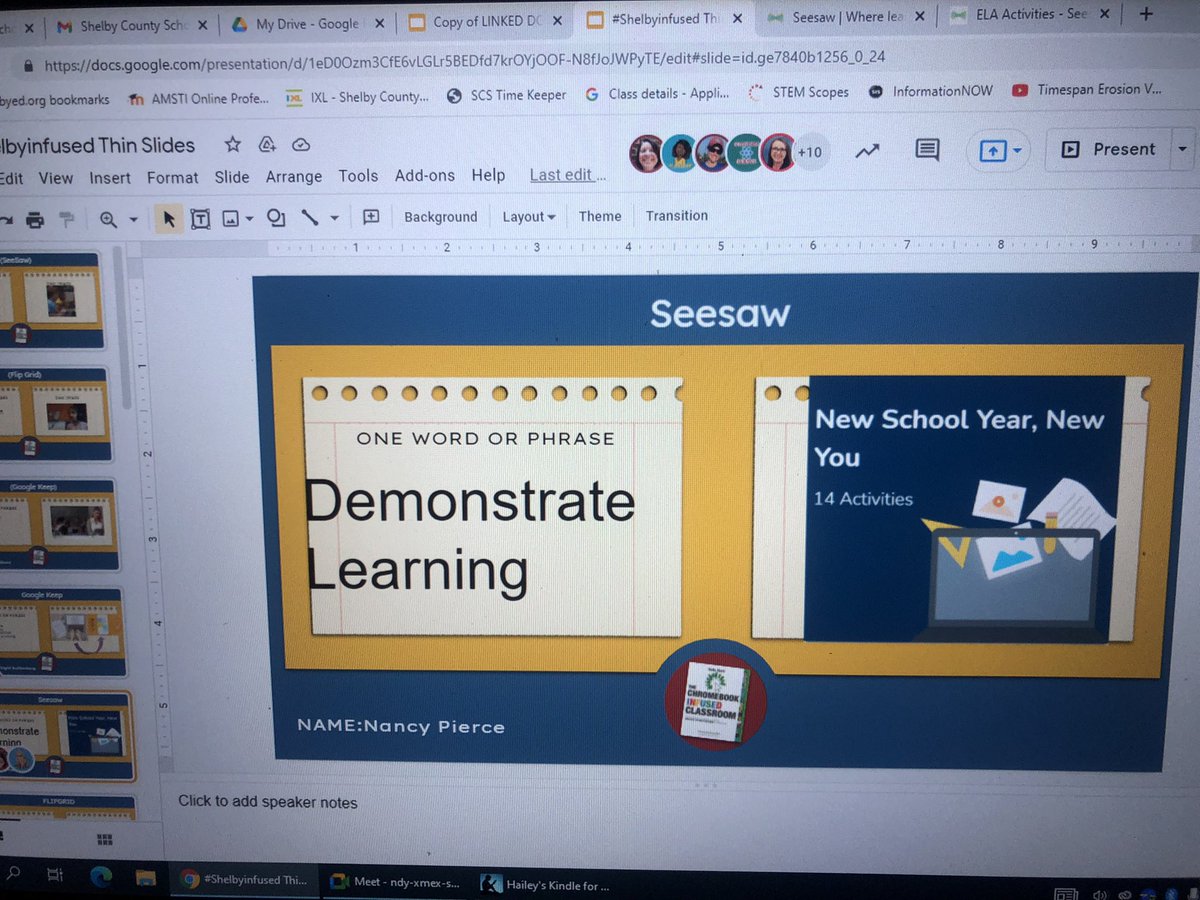 PechaKucha activity with #shelbyinfused book study was pretty entertaining -great idea for students who hate the spotlight and quick way to gain a ton of info! In seconds I learned @PierceELAOMMS and I need to @Seesaw plan together! @ShelbyEdTech