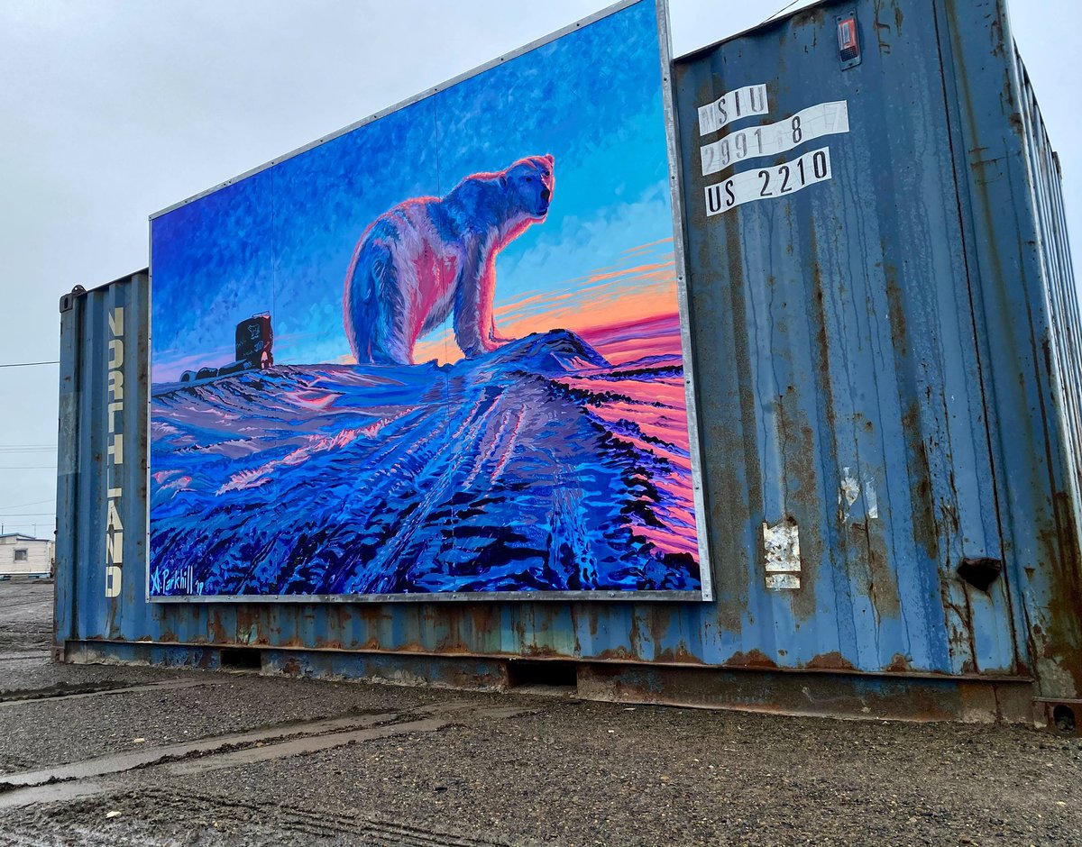 AustinParkhill's tweet photo. Hey @ilisagvik_college, the #mural looks good in #arctic light! Now mounted publicly in the Northernmost Town in America on the #ArcticOcean. 

This 2019 mural was a 4day project for the tribal college, w/ handwritten names of community members in the painted ice.
#utqiagvik #art https://t.co/LCcGudaxLn