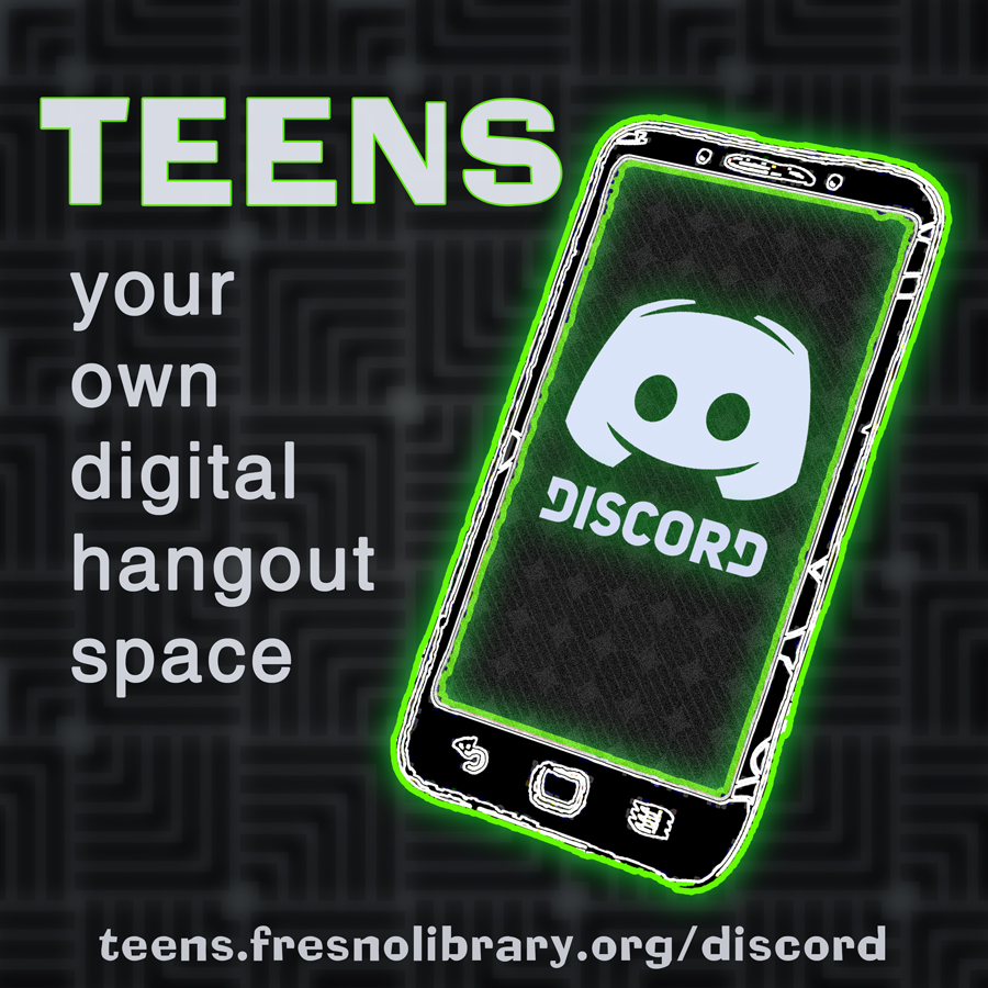 FCPL's tweet image. Hey, TEENS! Are you missing hanging out at the library with your friends? Want a fun digital place to play games, discuss mangas, or just have fun? Well, swing by our Teens-only Discord server!

Find it here: teens.fresnolibrary.org/discord/

#fresnolibrary #discordserver #teensonly
