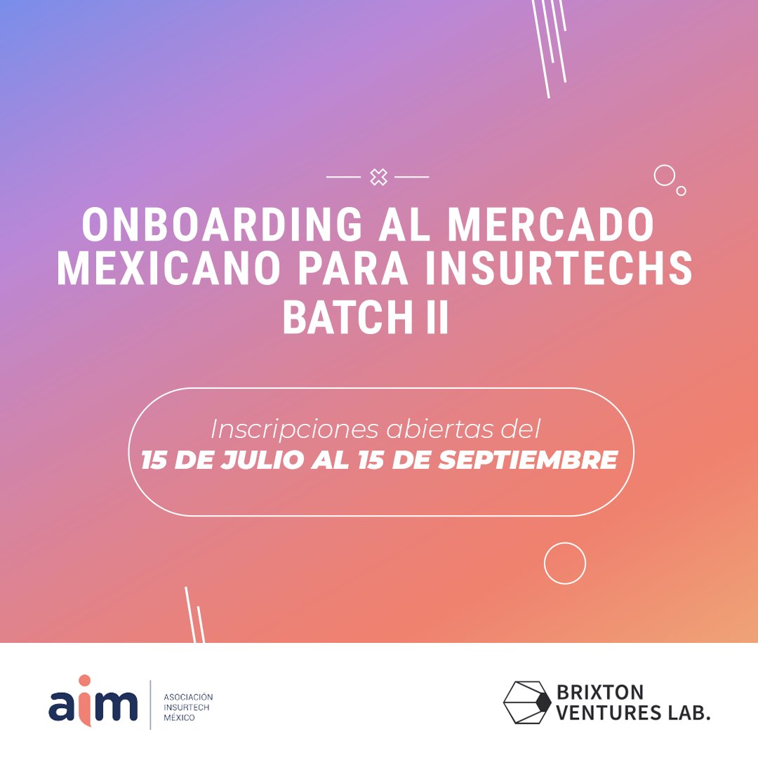 InsurtechMexico's tweet image. ¡Forma parte de nuestro segundo Batch! 🚀

Junto con @BrixtonVentures  diseñamos el primer programa Onboarding al Mercado Mexicano para Insurtechs.

Durante 5 semanas conocerás a profundidad el mercado de seguros en 🇲🇽

Conoce más e inscríbete👉 bit.ly/AiM_BatchII