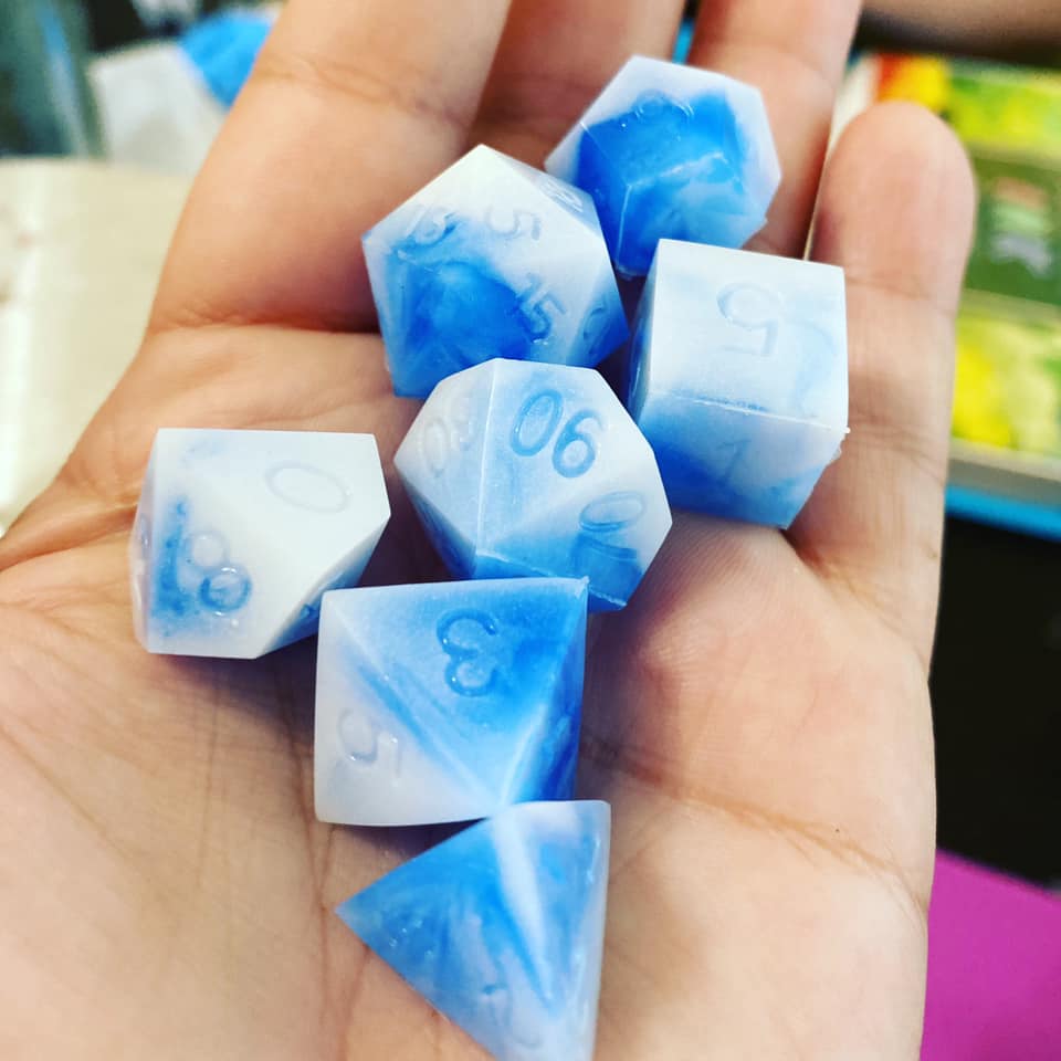 2CrazyCasters's tweet photo. Some fun cloudy dice for a commission. I would love to be able to do a giveaway, once we get to 200 likes on our Instagram I will give away a chonk D20! Share our page and be on the lookout!!!! #dice #diceart #dicemaking #dicegoblin #dnddice #ttrpgdice https://t.co/XTnHUkjPkK