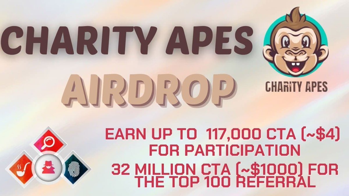 🔍 New #Airdrop: Charity Apes

💲Reward: Up to 117K CTA [~$4] + 32M CTA [~$1K] referral pool

🔴 Start the airdrop bot: t.me/CharityApesAir…

🔘 Do the tasks on the bot &amp; submit your data.

🔘 Details: youtu.be/G6yKoT1oASQ

#Airdrops #AirdropDetective #Bitcoin #CharityApes