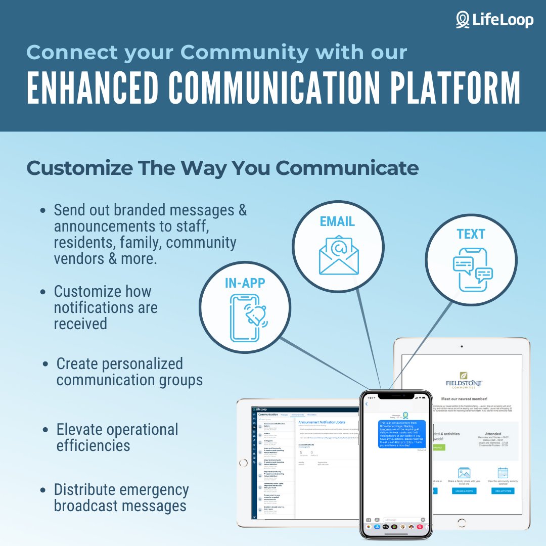 ourlifeloop's tweet image. DID YOU KNOW? The #LifeLoop Communication Platform is your all-in-one solution for communicating with groups large &amp;amp; small. Distribute emergency broadcasts, create customized communication groups, customize notifications, and more. #SeniorLivingTech #TechTuesday
