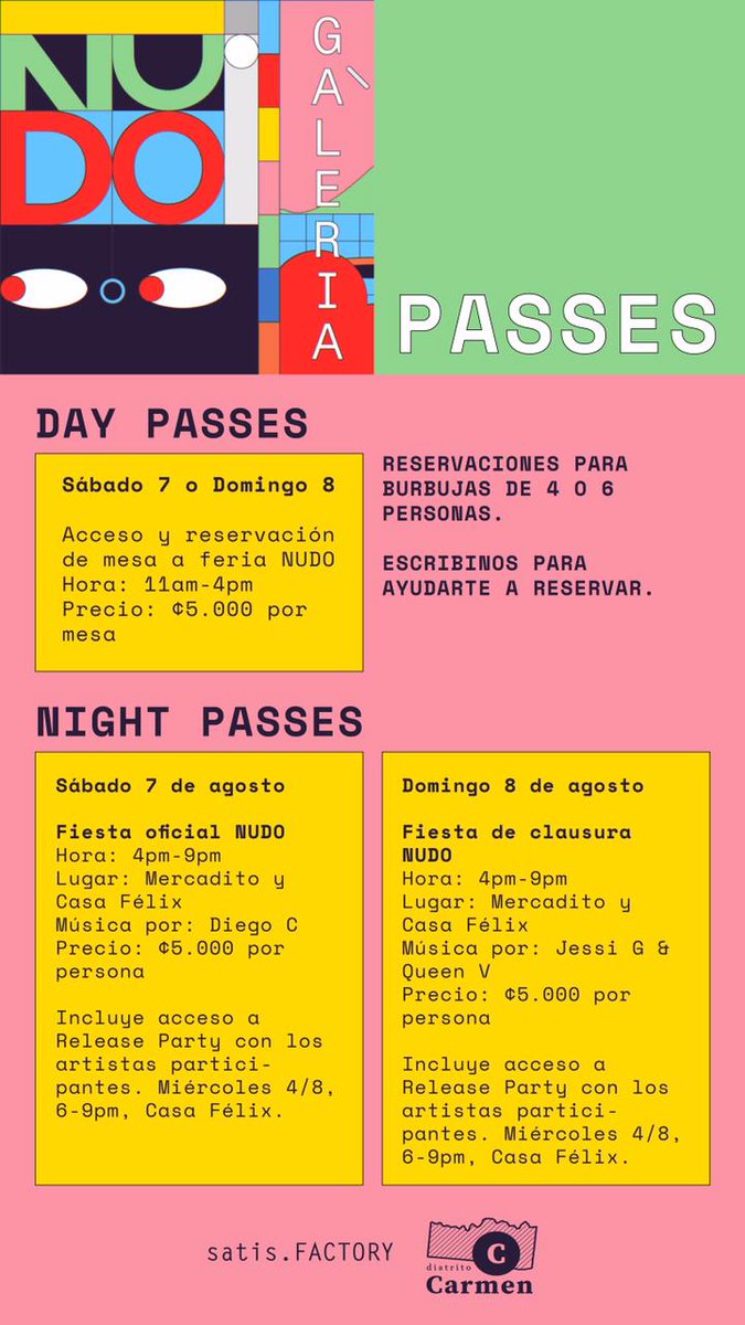 NUDO es un esfuerzo de gestión entre Distrito Carmen y satis.factory para reactivar el sector cultural, además de potenciar y transformar la percepción del Barrio La California a través de las artes!

Para reservar:
distritocarmen.com/reservaciones-…