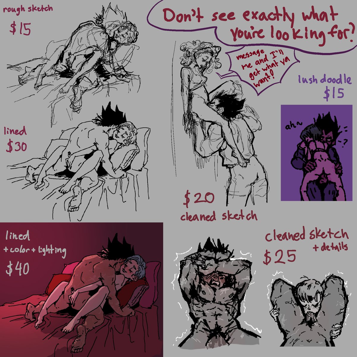 Hey folks, I'm opening up commissions! If you're not sure what you want, message me and we will figure it out! Happy to do custom kinda of work. :)

excited to do both SFW and NSFW, with focus on character and mood! Comics/image sequences will be discounted from base price too ;)