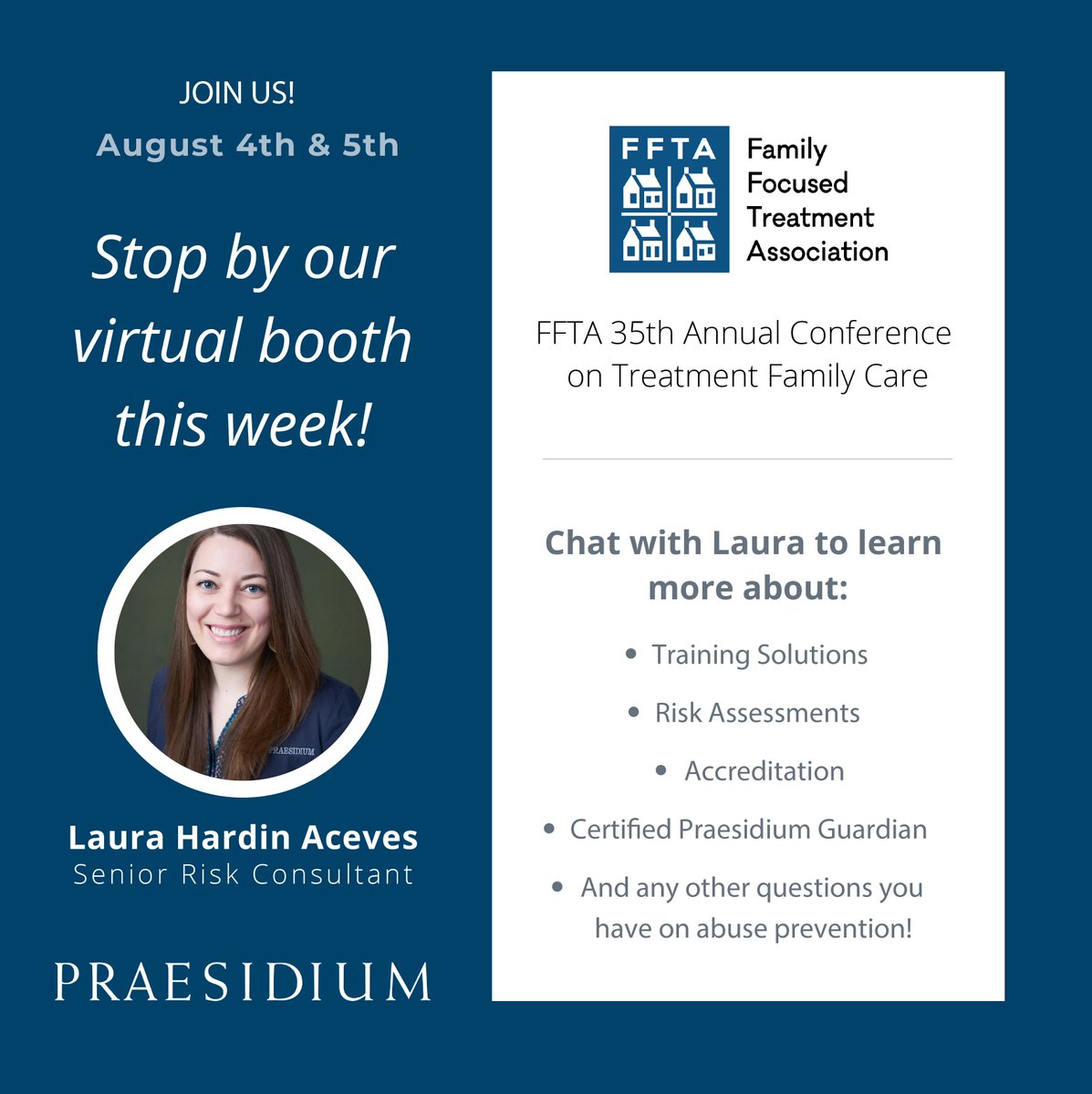 PraesidiumInc's tweet photo. Chat with Praesidium's Senior Risk Consultant Laura Hardin Aceves tomorrow and Thursday at the @FFTATFC conference! Learn more on Praesidium Accreditation, Training Solutions and more on abuse prevention.
#FFTAConf
#FFTATFC https://t.co/bVC3H0W62H