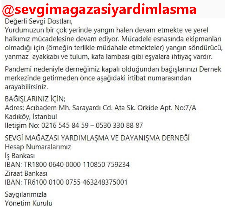 Pandemide müzisyen dayanışmamıza destek veren kardeş derneğimiz <a href="/sevgimagazasi/">Sevgi Mağazası</a> yangın bölgesine yangına dayanıklı ekipman ulaştırıyor. Desteklerinizi Sevgi Mağazası'na gönderebilirsiniz. sevgimagazasi.org
#yangin #yangınlar #YANGINVAR