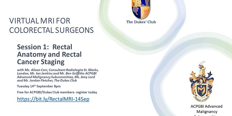 Virtual MRI for colorectal surgeons - Free webinar for @Dukes_Club @ACPGBI members. Part 1: Normal anatomy and staging rectal cancer w/ @AliCorr1 @bengriffiths73 @HelenMohan1 @MrJTJenkins @AmyLord1 @Jordanfletch6 14/9/21 8pm bit.ly/RectalMRI-14Sep