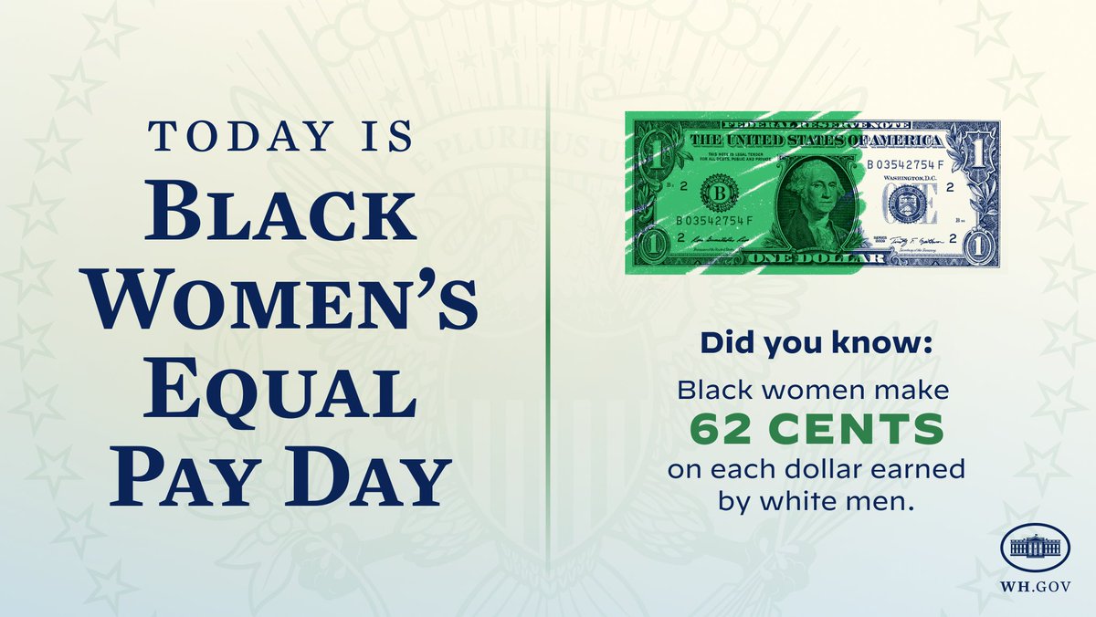 President Biden Archived (@potus46archive) on Twitter photo This Black Women’s Equal Pay Day, we must recognize a hard truth: it takes a Black woman nearly 20 months to earn what a white man makes in one year for the same exact work. It’s unconscionable.
 
My Administration is committed to closing the gender pay gap once and for all. This Black Women’s Equal Pay Day, we must recognize a hard truth: it takes a Black woman nearly 20 months to earn what a white man makes in one year for the same exact work. It’s unconscionable.
 
My Administration is committed to closing the gender pay gap once and for all.