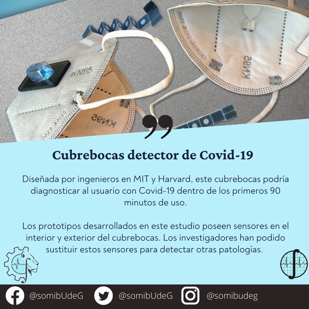somibUdeG's tweet photo. 😷🧪
.
Ingenieros del MIT y la Universidad de Harvard han diseñado un cubrebocas que puede diagnosticar al usuario con Covid-19 dentro de los primeros 90 minutos de uso.
Para leer más sobre esta innovación: https://t.co/cb8AJbkavY
.
.
#SOMIB #capituloEstudiantil #IngBiomedica https://t.co/FXlJWCfiJ5