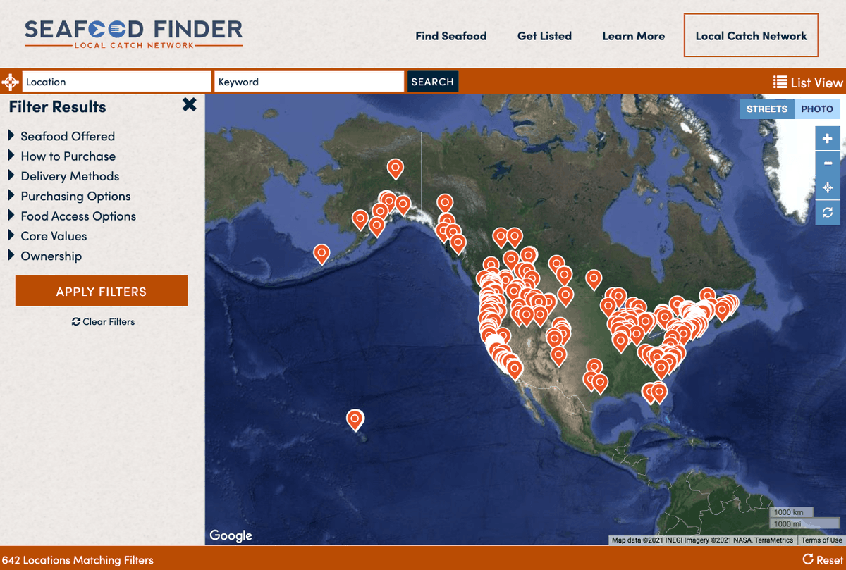 Search for seafood from over 200 community-based fisheries with 640 distribution points, not including doorstep delivery, across North America by using LCN's Seafood Finder: finder.localcatch.org