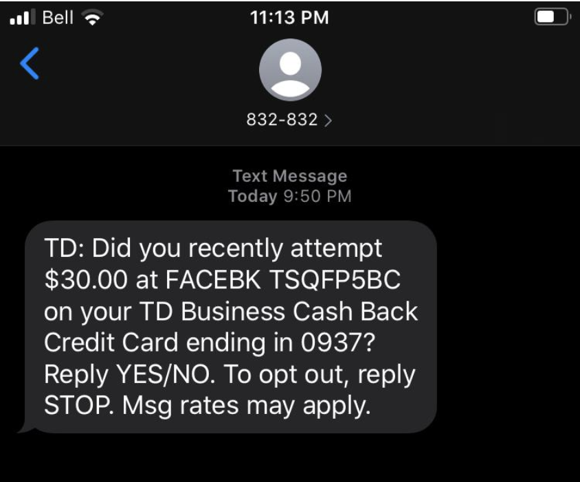 Hey <a href="/TD_Canada/">TD (Canada)</a>, got sent this short-code, mysterious, illiterate message from your fraud department. Really inspires confidence.