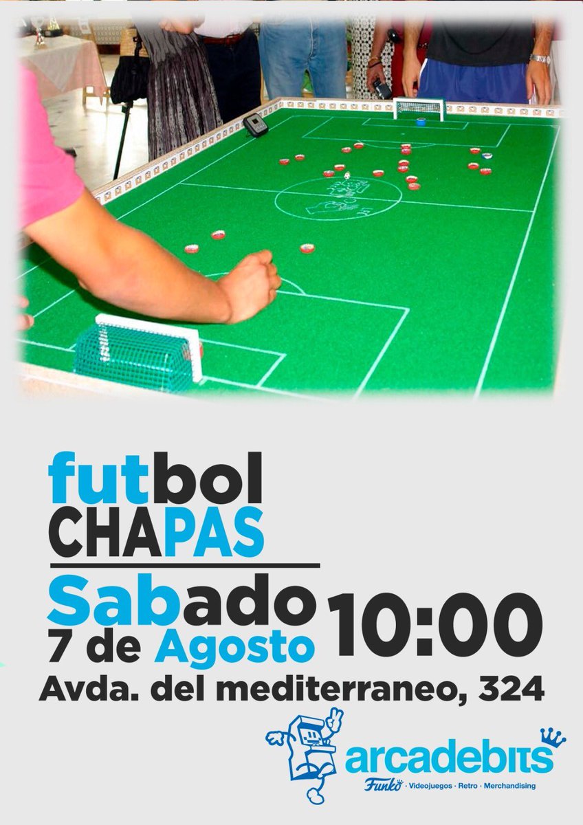 Este sábado a partir de las 10:00 volvemos a organizar un Torneo de Fútbol Chapas en colaboración con <a href="/fchalmeria/">FutbolChapas Almería</a> . Después de tanto tiempo sin convocar tenemos que darlo todo en este encuentro. 

#Futbolchapas #EventosSeguros #somosarcadebits