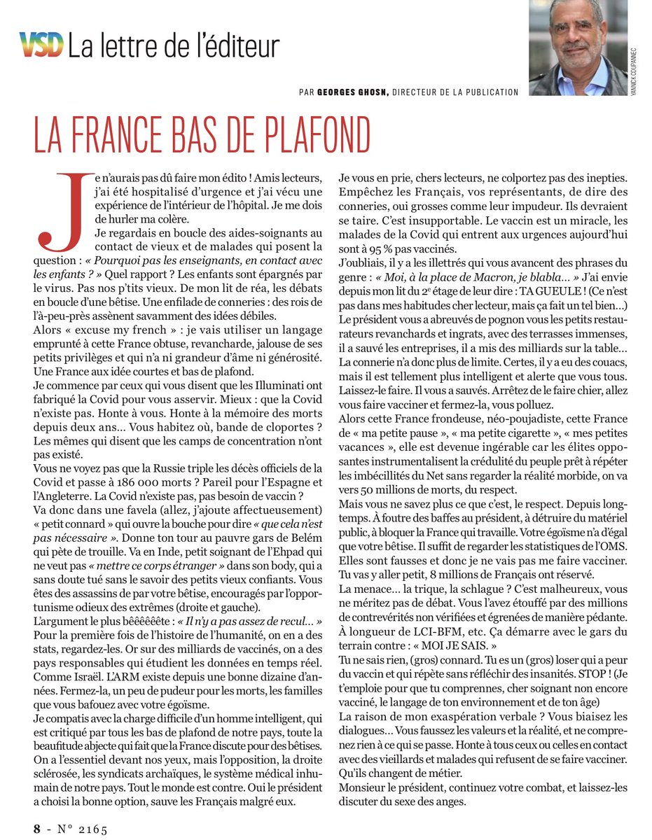 tcabarrus's tweet photo. Ça décoiffe! Je viens de lire le texte plein de colère de l'éditeur de #VSD contre les #antiVax, texte écrit depuis son lit de #reanimation https://t.co/X9lMa8PVe6
