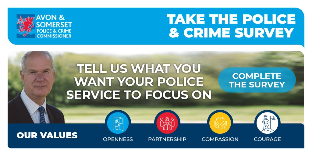 Calling all residents of Avon and Somerset! 

PCC Mark Shelford wants to know which policing issues matter most to you. Complete the Police and Crime survey to have your say.

bit.ly/3kCD3DW