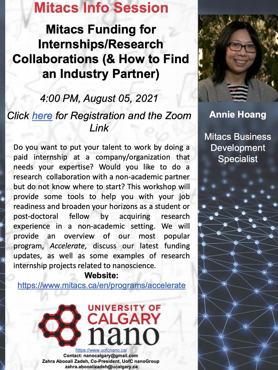 Our friends at the UCalgary nanoGroup are hosting a seminar this Thursday titled "Mitacs Funding for Internships/Research Collaborations (&amp; How to Find an Industry Partner)".

See details below. Link to register for the Zoom: ucalgary.zoom.us/meeting/regist…