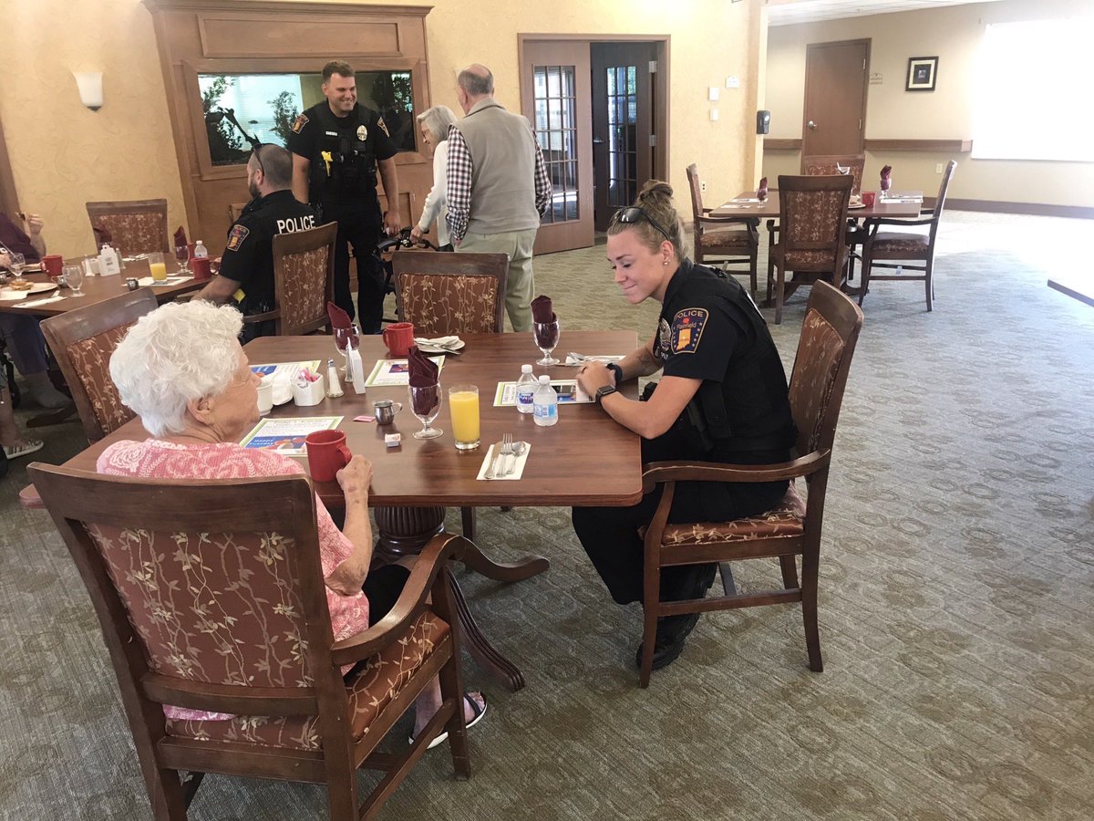 PlainfieldPD's tweet photo. On this day of National Night Out, we were asked to come have coffee this morning with the residents of Sugar Grove Senior Living. Thanks for having us! We go to them when they can’t come to us. Good coffee, great people! #CommunityofValues https://t.co/SM1gfDJhUs