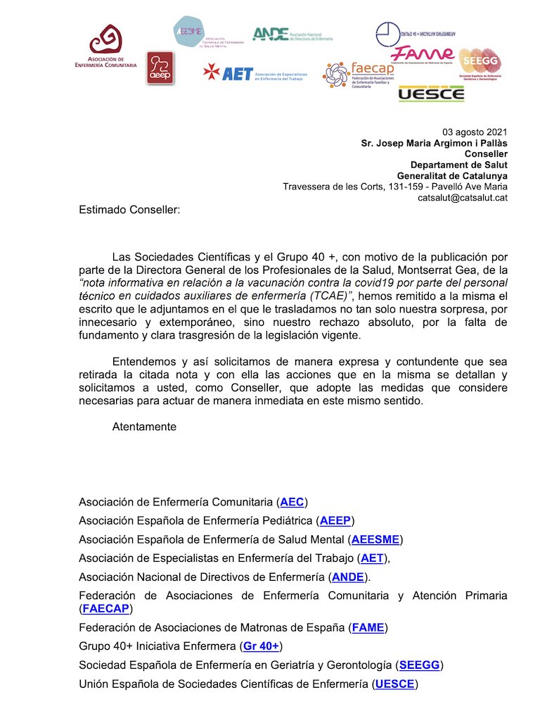 Posicionamiento de SSCCEE y Grupo 40+ sobre la Vacunación COVID19 en Cataluña por parte de TCAE! enfermeriacomunitaria.org #AECTUIT #AECSevilla21 <a href="/Grupo40I/">Grupo40+IniciativaEnfermera</a> <a href="/faecap/">FAECAP +S</a> <a href="/ANDEorg/">ANDE Directivos Enfermería</a> <a href="/AEEPenfermeria/">Asociación Española de Enfermería Pediátrica</a> <a href="/uesce/">UESCE</a> <a href="/enfergeronto/">SEEGG</a> @MatronasyTu