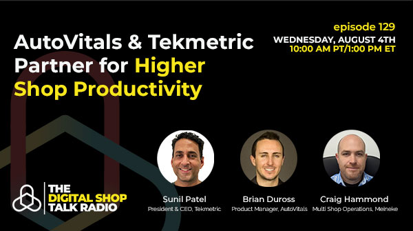 autovitals's tweet photo. Join tomorrow’s episode of The Digital Shop® Talk Radio for a special panelist line-up. Sunil Patel, President and CEO of @tekmetric, Craig Hammond, a multi-shop operator of Meineke, and AutoVitals founder and CIO, Uwe Kleinschmidt. Register here: https://t.co/gFjk7SeYep https://t.co/OyJMNBXvwA