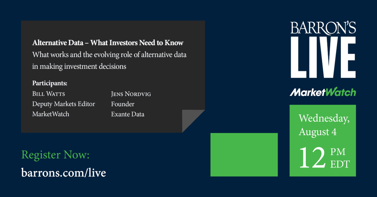 NOON: What should investors know about alternative data?

Economist Jens Nordvig, founder of Exante Data, talks with <a href="/wlwatts/">Bill Watts</a> about the evolving role of alternative data in making investment decisions.

Register here: bigmarker.com/barrons-events…