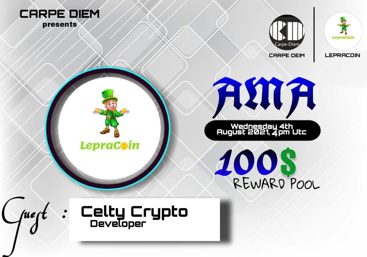 LepraCoin_BSC's tweet photo. πAMA with CARPE DIEM! π
πWEDNESDAY 4TH AUGUSTπ
π4PM UTCπ
π$100 REWARD POOLπ
Come see the Irish wizard @CeltyCrypto work his magic! πͺ
#BSC #BSCGems #LEPRACOIN #LEPRADAO #Crypto https://t.co/N2NXmx8FFt