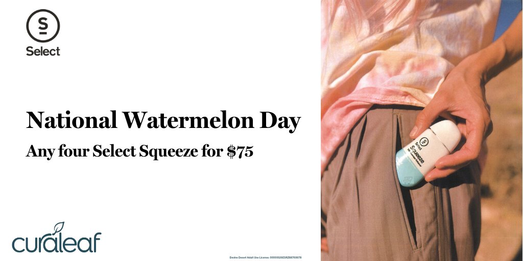 Nothing like the taste of watermelon on a hot day!☀️🍉 
Pick up some <a href="/select_better/">Select</a> Watermelon Squeeze on sale today and celebrate summer better.

Shop now at the link below⬇️
curaleaf.com/locations/ariz…

Devine Desert Adult Use License: 00000026ESRZ88769978