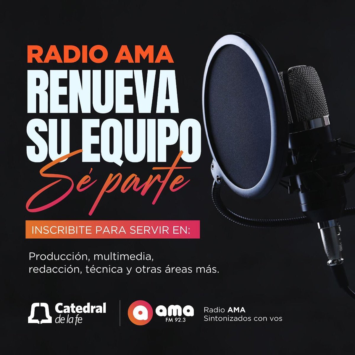amafm923's tweet photo. Radio AMA renueva su equipo, y vos podes ser parte. Ingresa al link y completa la solicitud para servir en las áreas de: producción, multimedia, redacción, técnica y varias más.

Entra ahora https://t.co/knVr1SWGFb

Radio AMA, sintonizados con vos. https://t.co/0uapi3IXvE