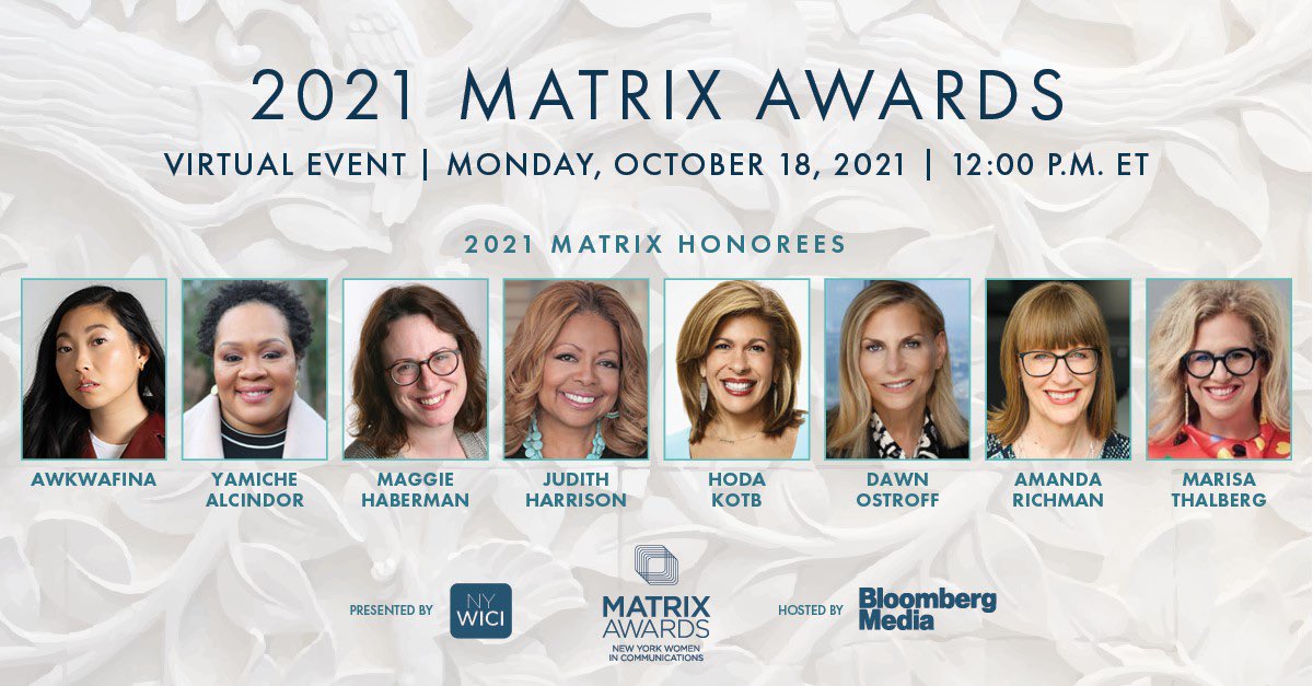 Laura Brusca (@laura_brusca) on Twitter photo Thrilled to announce that <a href="/NYWICI/">New York Women in Communications</a>’s 51st Annual Matrix Awards will come to life on October 18 at 12pm ET. Join us for an inspiring event honoring incredible women like <a href="/awkwafina/">life</a> <a href="/hodakotb/">Hoda Kotb</a> <a href="/maggieNYT/">Maggie Haberman</a> <a href="/Yamiche/">Yamiche Alcindor</a> <a href="/DawnOstroff/">Dawn Ostroff | Dawnostroff.eth</a> <a href="/ExecutiveMoms/">Marisa Thalberg</a> & <a href="/JudithDiversity/">Judith Harrison</a> nywici.org/about/pressroo… Thrilled to announce that <a href="/NYWICI/">New York Women in Communications</a>’s 51st Annual Matrix Awards will come to life on October 18 at 12pm ET. Join us for an inspiring event honoring incredible women like <a href="/awkwafina/">life</a> <a href="/hodakotb/">Hoda Kotb</a> <a href="/maggieNYT/">Maggie Haberman</a> <a href="/Yamiche/">Yamiche Alcindor</a> <a href="/DawnOstroff/">Dawn Ostroff | Dawnostroff.eth</a> <a href="/ExecutiveMoms/">Marisa Thalberg</a> & <a href="/JudithDiversity/">Judith Harrison</a> nywici.org/about/pressroo…