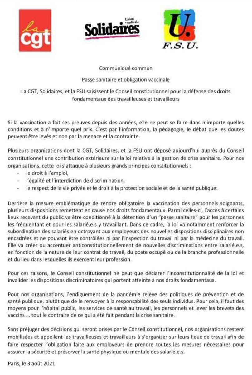 La CGT, la FSU et Solidaires saisissent le conseil constitutionnel contre le pass sanitaire.