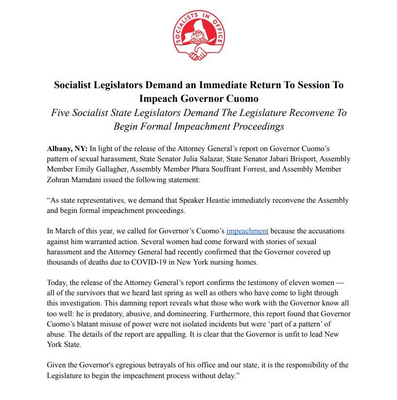 The details of the Attorney General’s report on the Governor’s behavior are deeply appalling.

Here is my statement with <a href="/JabariBrisport/">Jabari Brisport</a> <a href="/EmilyAssembly/">Emily Gallagher</a> <a href="/JuliaCarmel__/">Julia Salazar (@juliasalazar on bluesky)</a> and <a href="/ZohranKMamdani/">Zohran Kwame Mamdani</a> calling on Speaker Heastie to immediately convene session to begin impeachment proceedings.