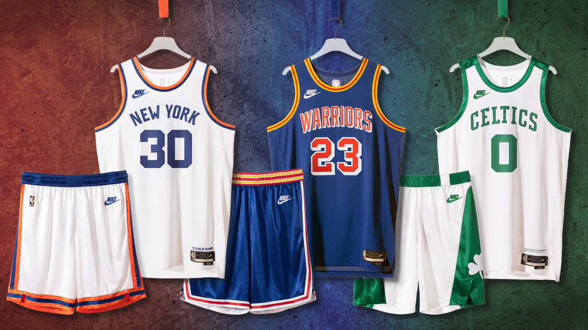 Nike Releases Classic Edition Uniforms for the NBA’s 75th Anniversary for three teams. All three uniforms are badged with the Nike Futura logo, making it the first time the mark appears on an NBA jersey.  They will be available at retail this fall.